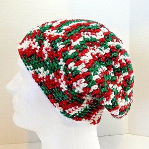 Red Green Baggy Beanie OS Slouch Cap Hat Handmade Crochet Hand Knit Sparkly NWT
